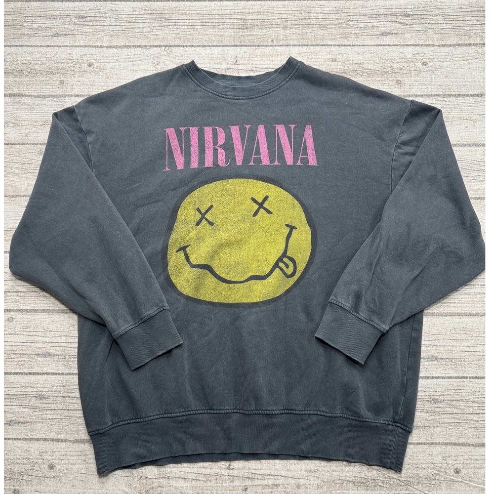 Nirvana Sweatshirt Men's XL Black Faded Smiley Face Fleece Oversized Pullover